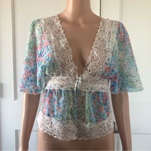 Myth NYC Watercolor Floral Split Dolman Sleeves Lace Sheer Blouse Top XS